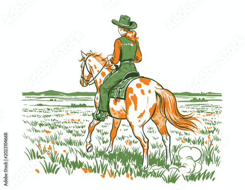 Bild auf Leinwand Cowgirl riding horse, vintage western illustration, retro wild west, appaloosa h
