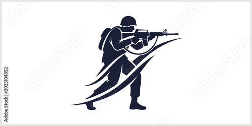 Bild auf Leinwand Silhouette of Soldier Aiming Rifle with Stylized Motion Lines