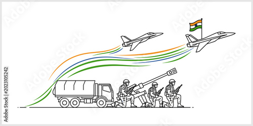 Konstfotografi Indian Military Power Air Force Jets Flying With Tricolor Trails and Ground Troo