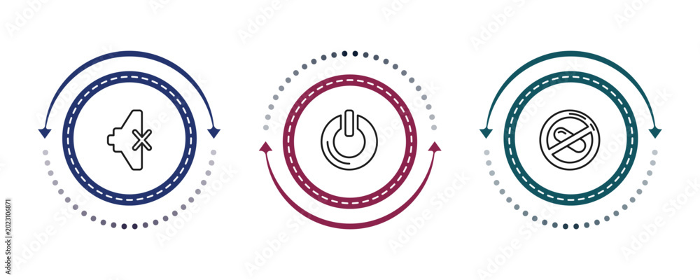 Fototapeta premium outline signs icons set - mute, power button, no drugs. editable vector for web and mobile ui