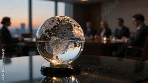 Global Business Strategy Concept with Glass Globe in Boardroom