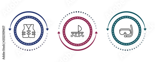 Valokuva outline nautical icons set - vest, wood raft, snorkling glasses