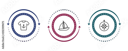 Foto outline nautical icons set - shirt, windsail, azimuth compass