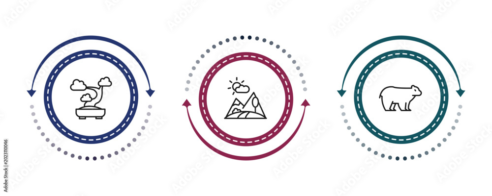 Obraz premium outline nature icons set - bonsai tree, landscape, polar. editable vector for web and mobile ui