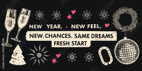 Foto Festive new year illustration with champagne glasses disco ball and celebratory