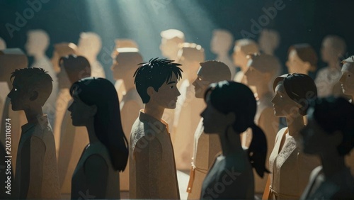 Anonymous Crowd of Stylized Figures in Cinematic Lighting