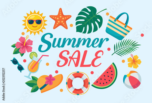 Summer sale banner with tropical beach elements and colorful vacation icons