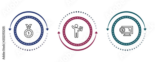 Foto outline humans icons set - first prize, worker with notepad, online business