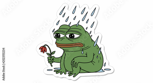 Sad Frog Holding Red Rose.