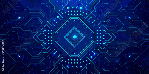 Slika na platnu Abstract blue circuit board pattern with glowing central diamond shape and hexag