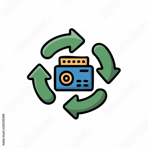 Payment synchronization icon with terminal card and circular arrows for financial data update.