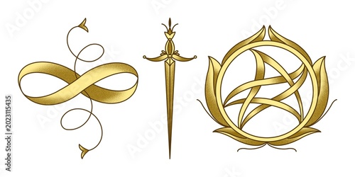 Foto Golden tarot symbols the lemniscate, sword and pentacle illustrations