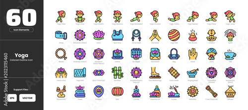 Canvastavla Yoga  icon set collection - colored outline line art style