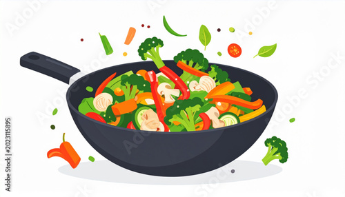 Minimal stir fry in wok vector