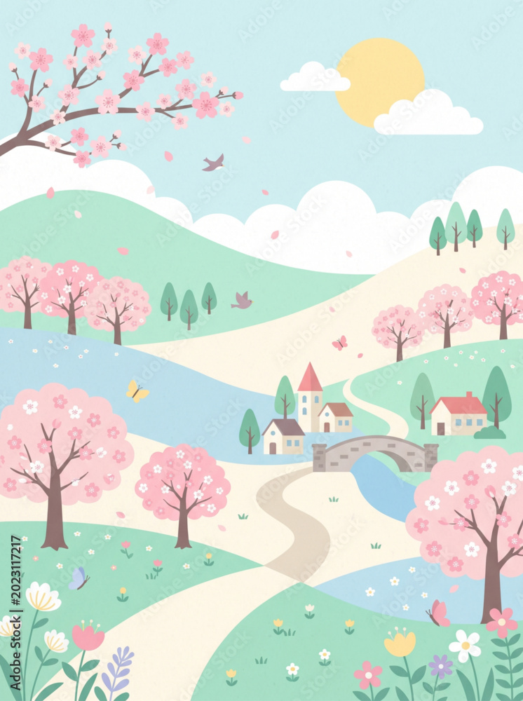Obraz premium Cute spring landscape illustration with blooming cherry blossom trees, a small village, a stone bridge, and a winding path in a soft pastel color palette.