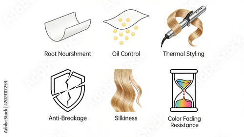 Presenting icons such as root nourishment, oil control and anti breakage, and thermal styling protection, representing professional hair care and styling concepts from roots to tips.
