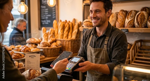 Tablou pe pânză Smiling Baker Accepting Contactless Mobile Payment from Customer in a Modern Bak