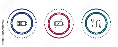Konstfotografi outline electronic stuff fill icons set - half battery, low battery, usb cable