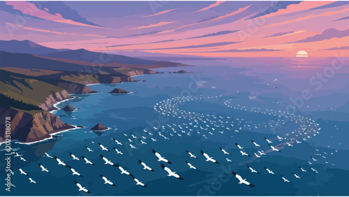 Foto Flock of Seagulls Flying Over Ocean Coastline at Sunset, Nature Wildlife Scene