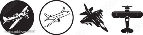 Foto Airplane Icon Set: Various Aviation Aircraft, Fighter Jets, and Vintage Plane Sy