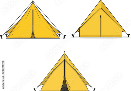 Obraz na plátně Set of three bright yellow camping tents isolated on a plain white background fl