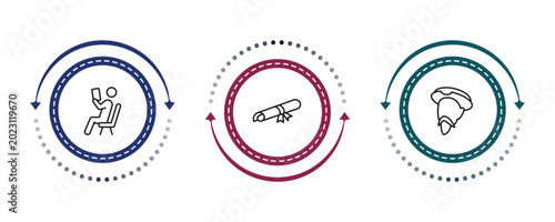 Photography outline education icons set - leisure, diploma with a ribbon, don quixote
