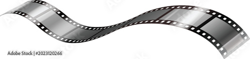 Minimalist vector illustration of a curved black and white film strip with empty frames, isolated on a transparent background in line art style.