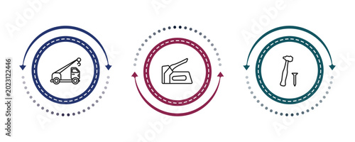 Tableau sur toile outline construction tools icons set - crane truck, staple gun, hammer and nail