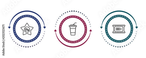 Konstfotografi outline cinema icons set - film star, take away drink, slow motion