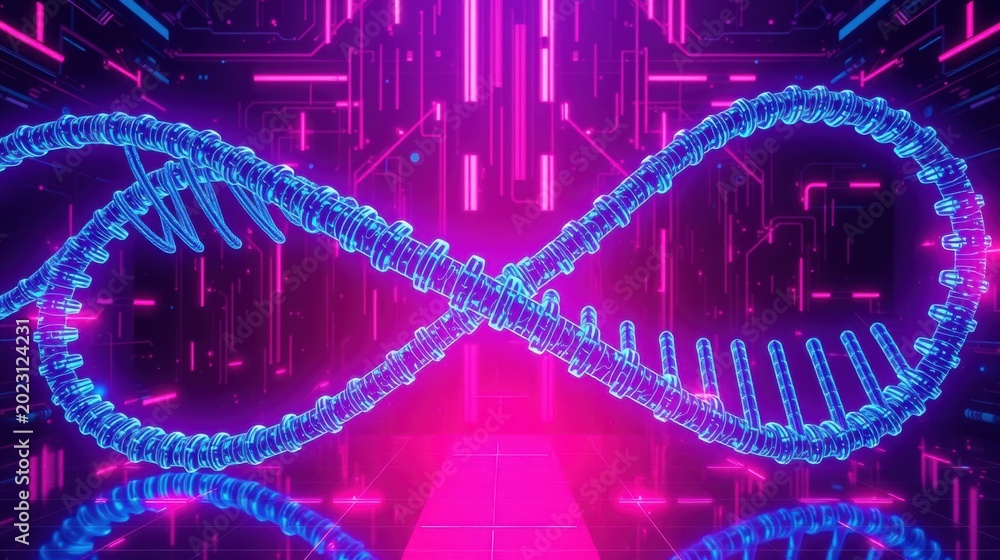 Fototapeta premium Neon infinity symbol dominates dark digital space. Glowing lines create futuristic tunnel effect. Complex circuitry surrounds central form.