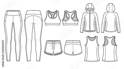 Professional Activewear CAD Vector Bundle Set Front Back Leggings Sports Bra Windbreaker Shorts Tank Top Sportswear Template