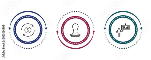 Konstfotografi outline business icons set - money convert, rubber stamp, graphic panel and man