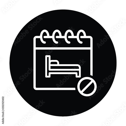 Hotel Reservation Not Available Icon Showing Calendar with Bed Symbol and Prohibition Sign