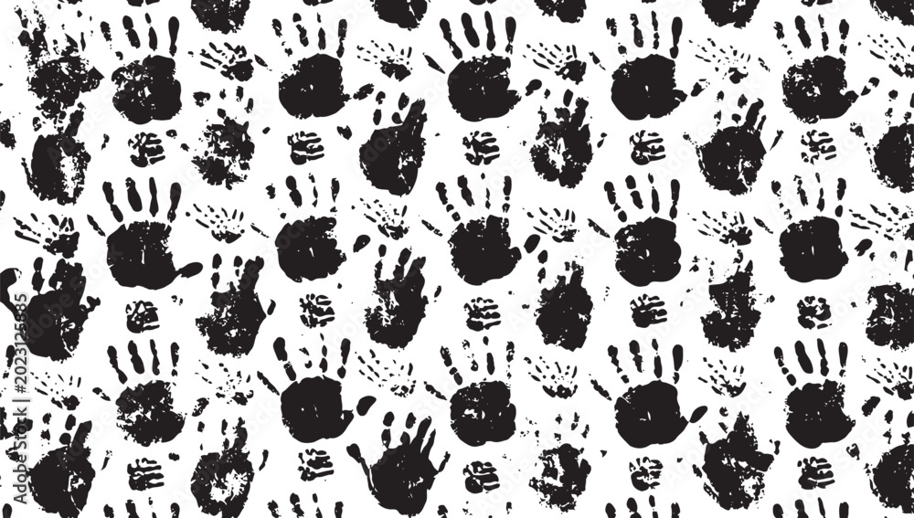 Fototapeta premium Black handprint and fingerprint pattern on white background