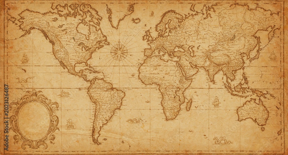 Fototapeta premium Vintage world map parchment background antique travel concept