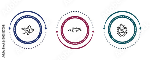 Fotografie outline animals icons set - goldfish, pike, hedgehog