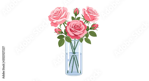 Bild auf Leinwand Pink Roses Bouquet in Glass Vase Isolated on White Background