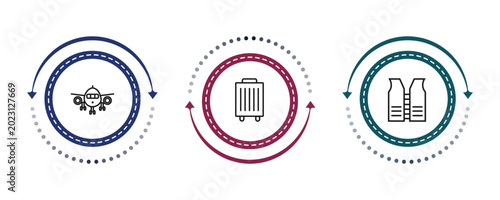 outline airport terminal icons set - plane front view, trip luggage, lifesaver best. editable vector for web and mobile ui