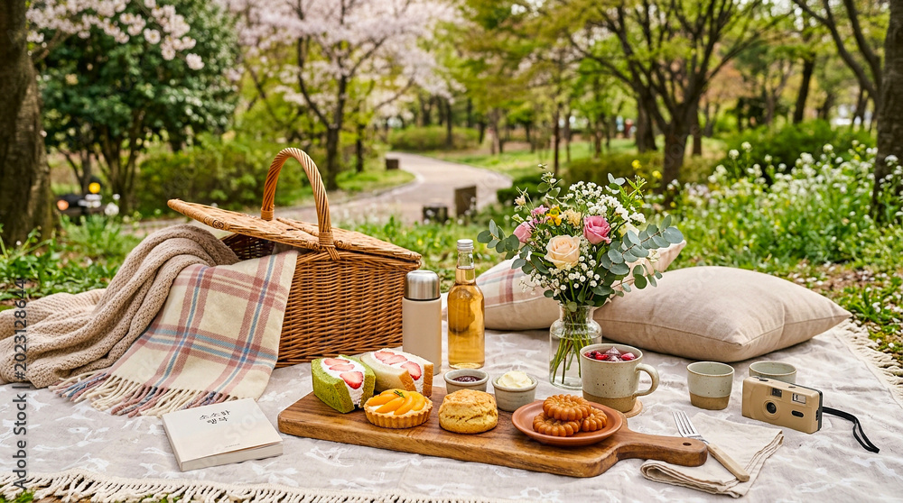 Fototapeta premium Picnic setup with wicker basket food and flowers in a park during a sunny spring day