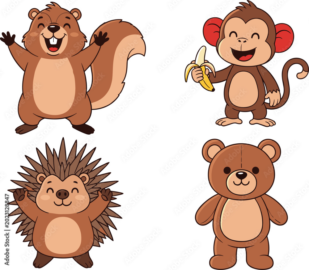 Obraz premium Cute Cartoon Animal Characters Set with Bear Monkey Squirrel and Hedgehog for Kids Education Illustration and Nursery Design