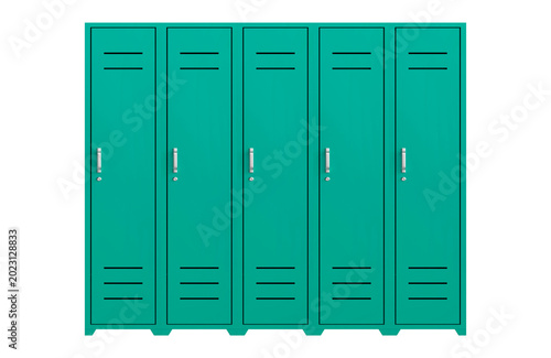 Four green school lockers with vents isolated on transparent background