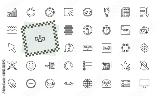 Photography outline user interface icons set - increase success, looping arrows, facetime, disable alarm