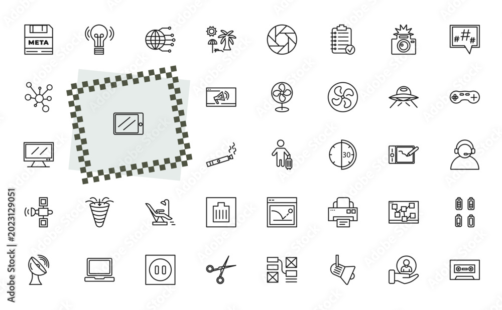 Fototapeta premium outline technology icons set - meta elements, wireless lighting, half hour, battery status. editable vector for web and mobile ui