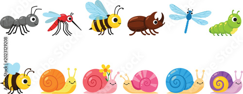 Photos Cute cartoon insects and snails characters set colorful bugs collection for kids