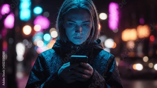 Young Woman Using a Smartphone at Night with Neon City Lights and Blue Ambient Glow