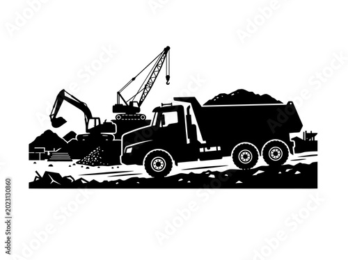 Fotografija Silhouette illustration of a construction site with dump truck and excavator