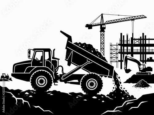 Foto Black and white silhouette of an articulated dump truck working at a construction site