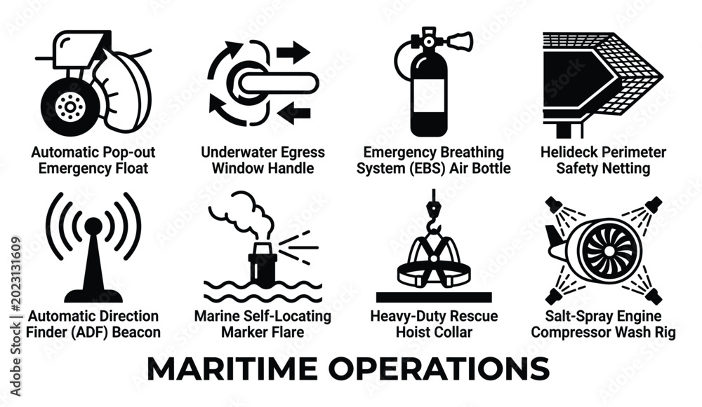 Fototapeta premium Maritime operations equipment set safety gear for sea travel vector icons.