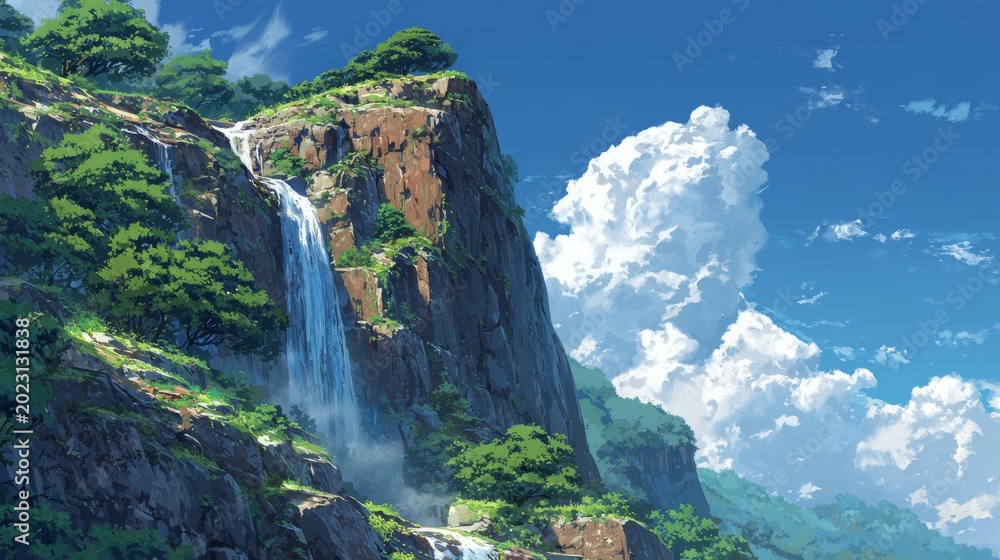 Fototapeta premium Waterfall beside rocky cliff, vibrant anime scenery with blue sky, smooth lighting, animated wallpaper background 
