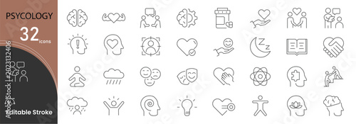 Foto Psychology icons set representing mental health, human behavior, emotions, therapy, brain function, counseling, stress management and psychological studies